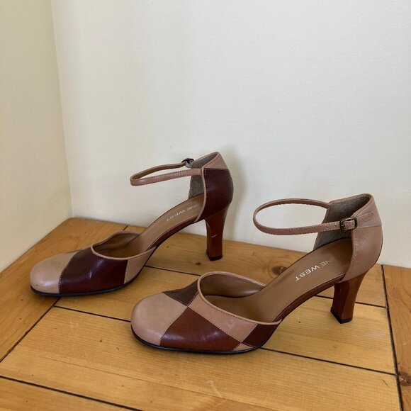 Nine West Leather Patchwork High Heels Ankle Strap Pumps Vintage Y2K - Picture 3 of 8